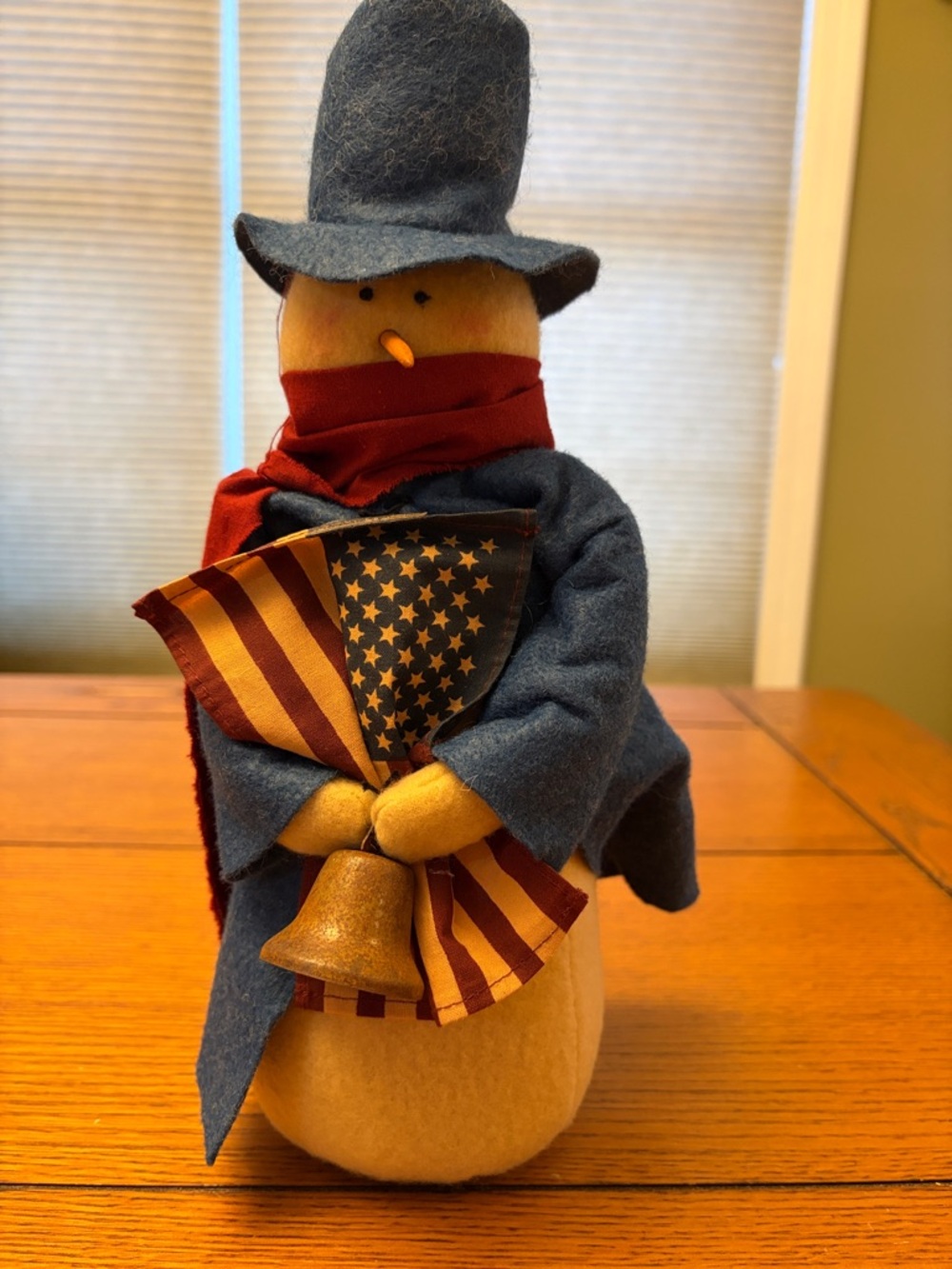 Handcrafted Folk Snowman Accent with Blue Coat and American Flag